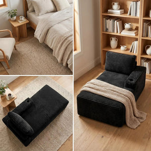 English Elm Black Corduroy Chaise Lounge with Cup Holder Low Profile Minimalist Sofa Seat W5515P444696