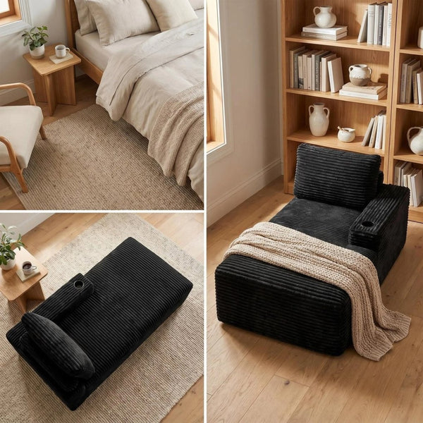 English Elm Black Corduroy Chaise Lounge with Cup Holder Low Profile Minimalist Sofa Seat W5515P444696