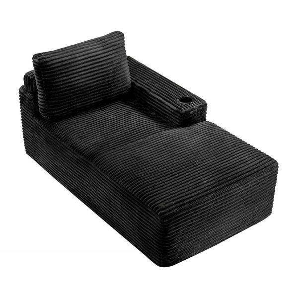 English Elm Black Corduroy Chaise Lounge with Cup Holder Low Profile Minimalist Sofa Seat W5515P444696