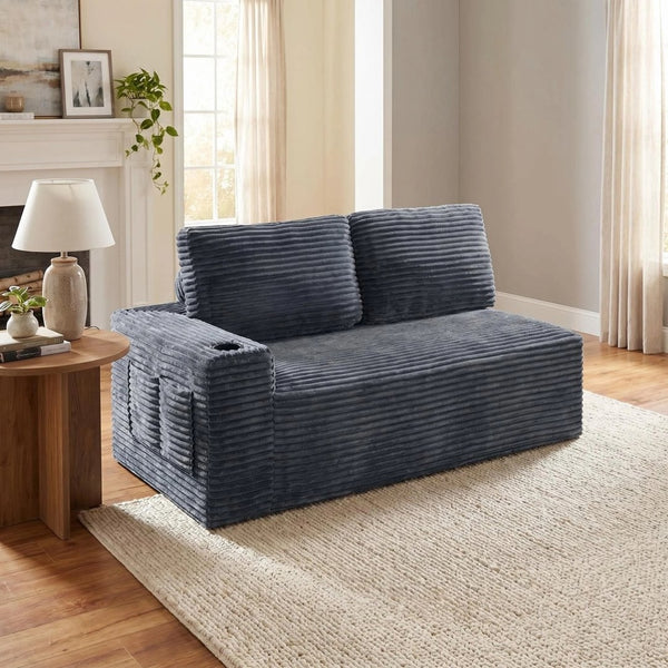 English Elm 2 Seater Floor Sofa Plush Ribbed Corduroy Low Profile with Cup Holder for Living Room Gray - B W5515P444699