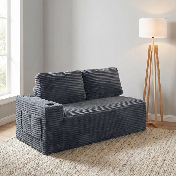 English Elm 2 Seater Floor Sofa Plush Ribbed Corduroy Low Profile with Cup Holder for Living Room Gray - B W5515P444699