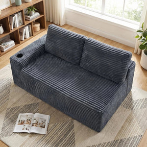 English Elm 2 Seater Floor Sofa Plush Ribbed Corduroy Low Profile with Cup Holder for Living Room Gray - B W5515P444699