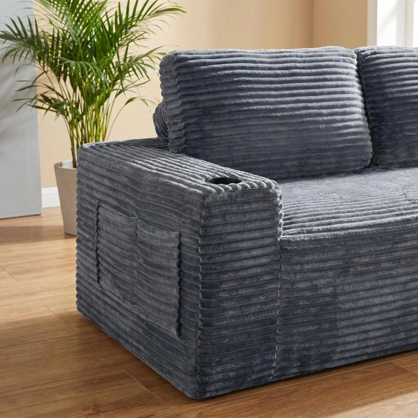 English Elm 2 Seater Floor Sofa Plush Ribbed Corduroy Low Profile with Cup Holder for Living Room Gray - B W5515P444699