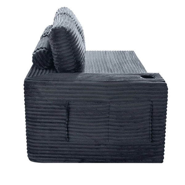 English Elm 2 Seater Floor Sofa Plush Ribbed Corduroy Low Profile with Cup Holder for Living Room Gray - B W5515P444699