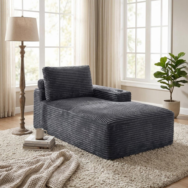 English Elm Gray Corduroy Chaise Lounge with Cup Holder Streamlined Modern Comfort for Any Room W5515P444700