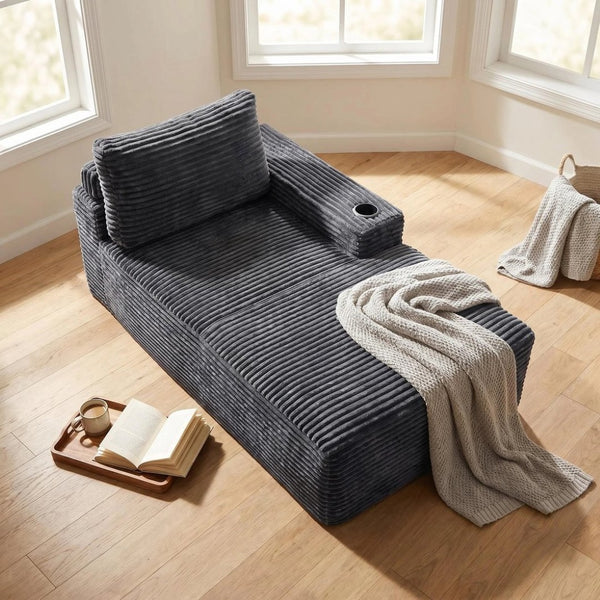 English Elm Gray Corduroy Chaise Lounge with Cup Holder Streamlined Modern Comfort for Any Room W5515P444700