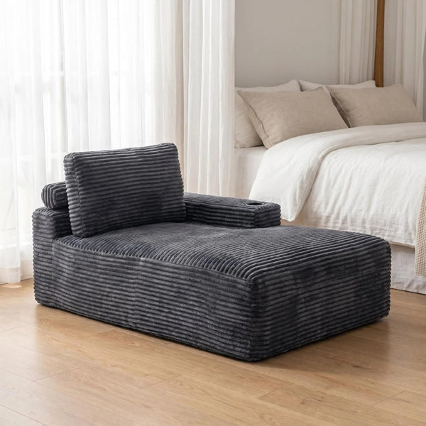 English Elm Gray Corduroy Chaise Lounge with Cup Holder Streamlined Modern Comfort for Any Room W5515P444700