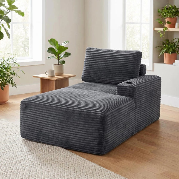 English Elm Gray Corduroy Chaise Lounge with Cup Holder Streamlined Modern Comfort for Any Room W5515P444700
