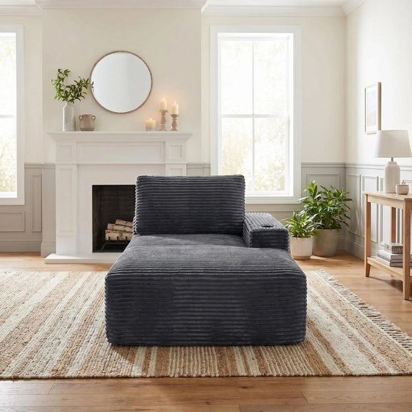 English Elm Gray Corduroy Chaise Lounge with Cup Holder Streamlined Modern Comfort for Any Room W5515P444700