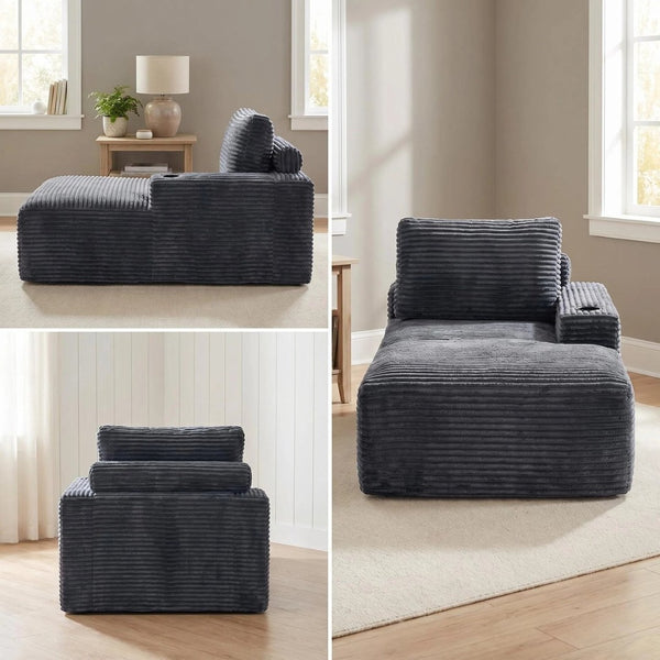 English Elm Gray Corduroy Chaise Lounge with Cup Holder Streamlined Modern Comfort for Any Room W5515P444700