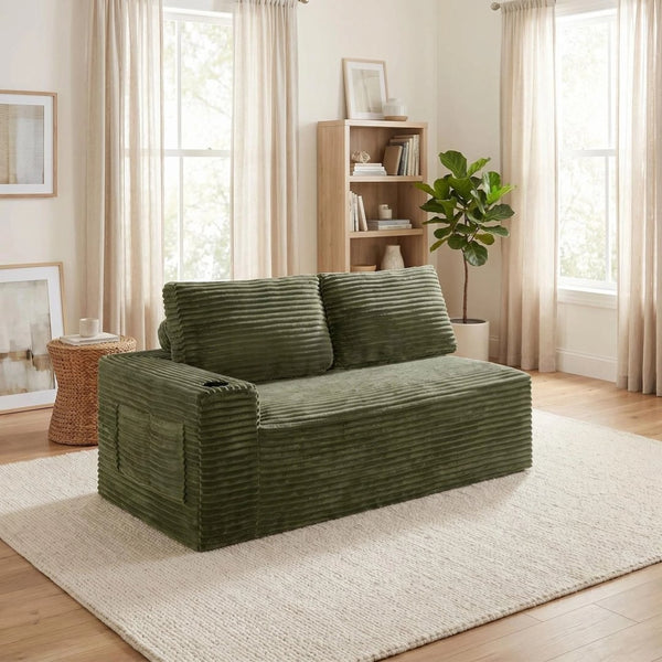 English Elm 2 Seater Floor Sofa Plush Ribbed Corduroy Low Profile with Cup Holder for Living Room Green - B W5515P444701