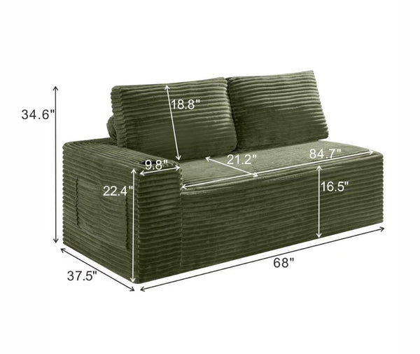 English Elm 2 Seater Floor Sofa Plush Ribbed Corduroy Low Profile with Cup Holder for Living Room Green - B W5515P444701