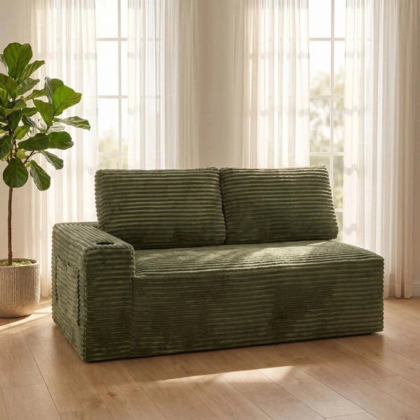 English Elm 2 Seater Floor Sofa Plush Ribbed Corduroy Low Profile with Cup Holder for Living Room Green - B W5515P444701