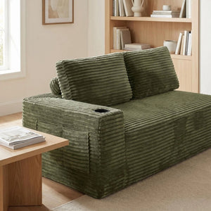English Elm 2 Seater Floor Sofa Plush Ribbed Corduroy Low Profile with Cup Holder for Living Room Green - B W5515P444701
