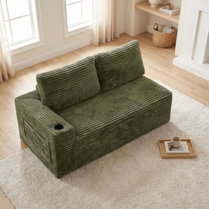 English Elm 2 Seater Floor Sofa Plush Ribbed Corduroy Low Profile with Cup Holder for Living Room Green - B W5515P444701