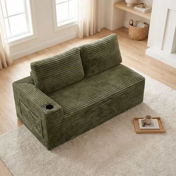 English Elm 2 Seater Floor Sofa Plush Ribbed Corduroy Low Profile with Cup Holder for Living Room Green - B W5515P444701