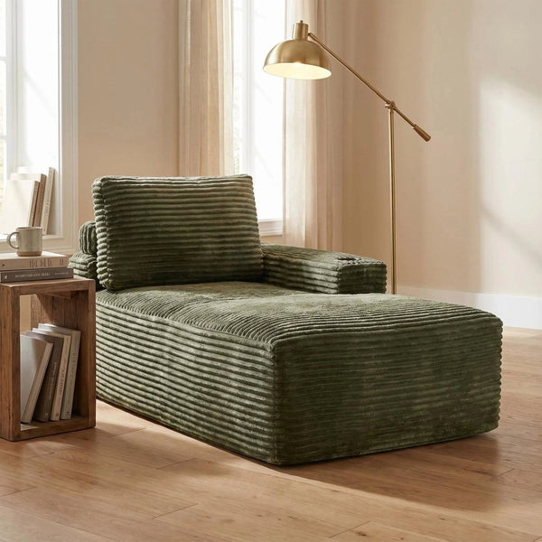 English Elm Green Corduroy Chaise Lounge with Cup Holder Compact Modern Sofa for Any Room Green - B W5515P444702