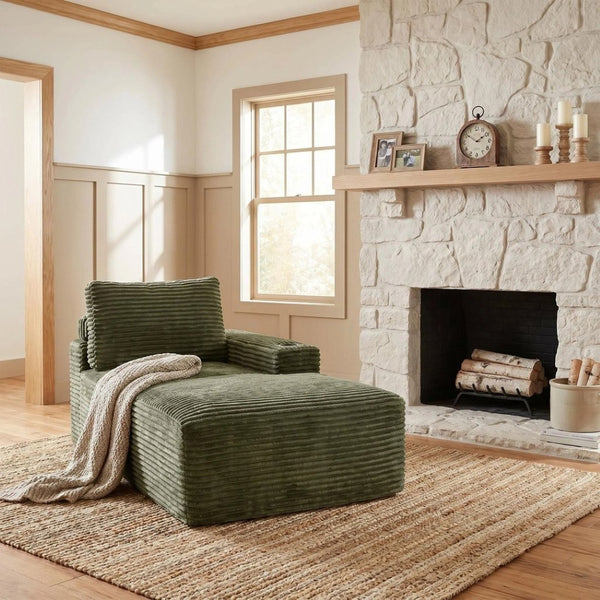 English Elm Green Corduroy Chaise Lounge with Cup Holder Compact Modern Sofa for Any Room Green - B W5515P444702