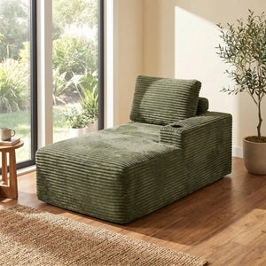 English Elm Green Corduroy Chaise Lounge with Cup Holder Compact Modern Sofa for Any Room Green - B W5515P444702