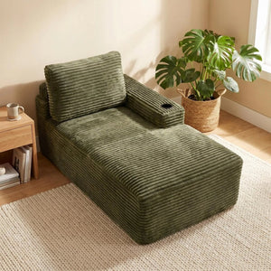 English Elm Green Corduroy Chaise Lounge with Cup Holder Compact Modern Sofa for Any Room Green - B W5515P444702