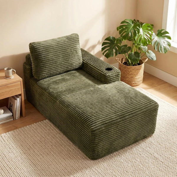 English Elm Green Corduroy Chaise Lounge with Cup Holder Compact Modern Sofa for Any Room Green - B W5515P444702