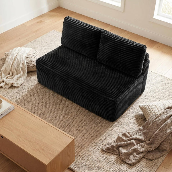 English Elm Corduroy Armless Floor Loveseat Legless 2 Seat Sofa for Studio Apartment Living Black W5515P444705