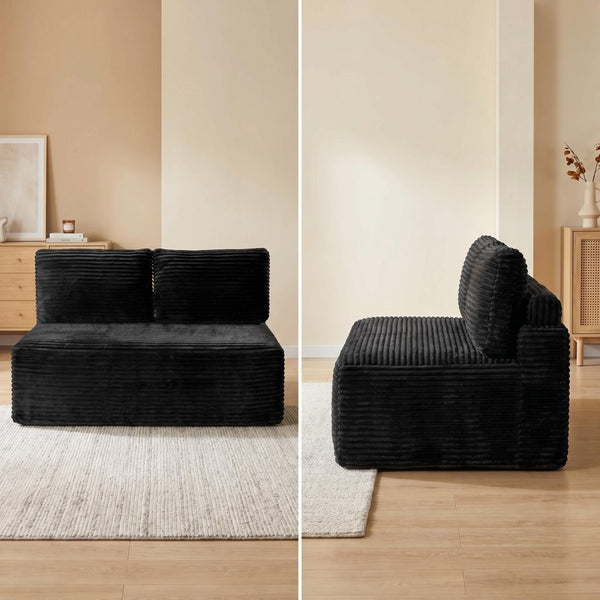 English Elm Corduroy Armless Floor Loveseat Legless 2 Seat Sofa for Studio Apartment Living Black W5515P444705