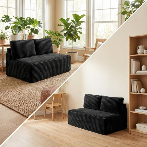 English Elm Corduroy Armless Floor Loveseat Legless 2 Seat Sofa for Studio Apartment Living Black W5515P444705