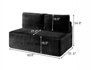 English Elm Corduroy Armless Floor Loveseat Legless 2 Seat Sofa for Studio Apartment Living Black W5515P444705