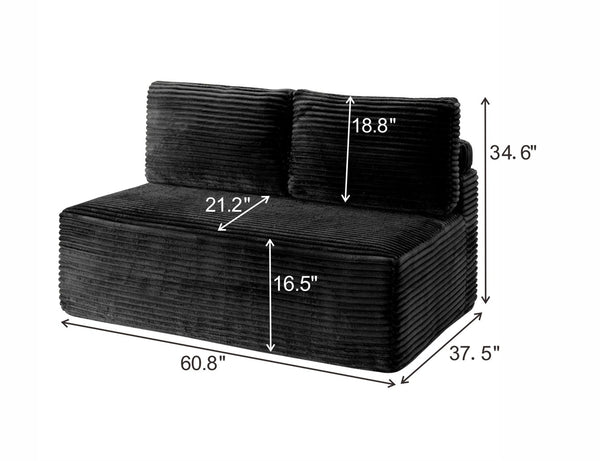 English Elm Corduroy Armless Floor Loveseat Legless 2 Seat Sofa for Studio Apartment Living Black W5515P444705