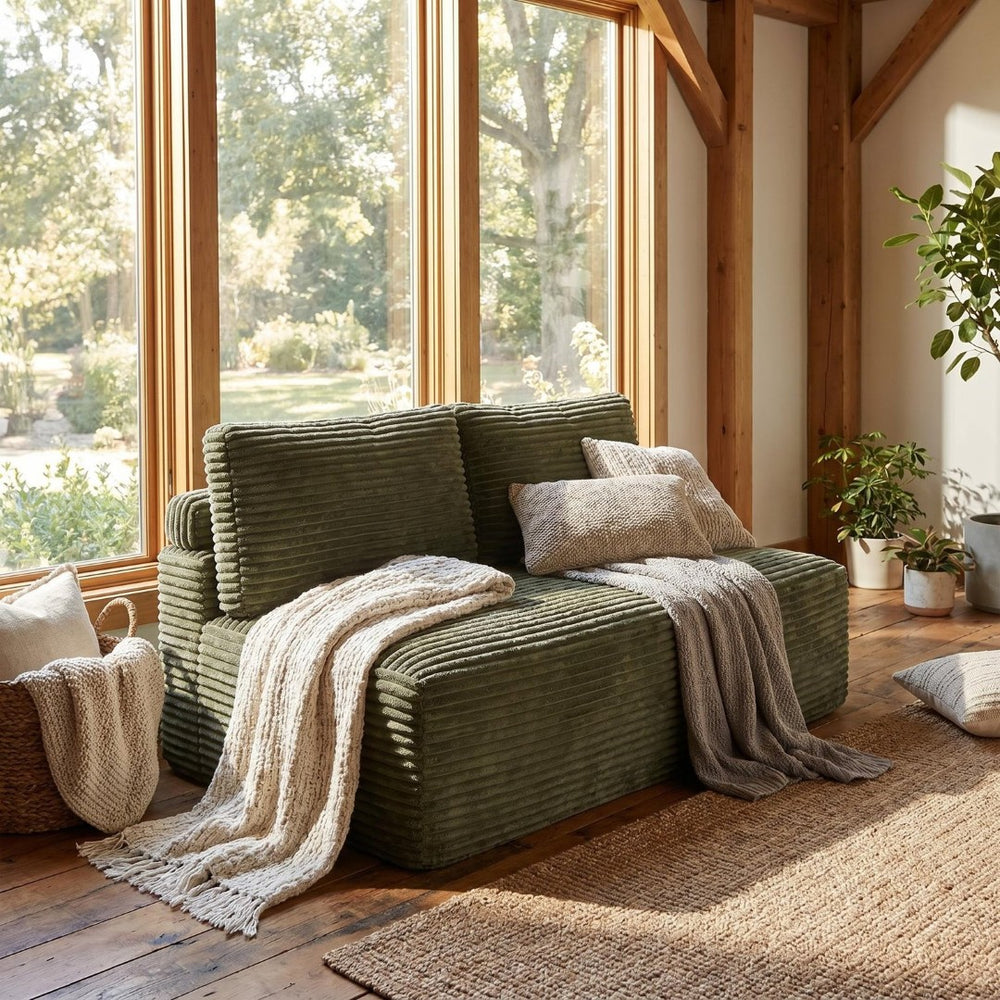 English Elm Corduroy Armless Floor Loveseat Legless 2 Seat Sofa for Studio Apartment Living Green W5515P444707