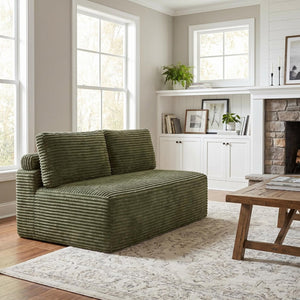 English Elm Corduroy Armless Floor Loveseat Legless 2 Seat Sofa for Studio Apartment Living Green W5515P444707