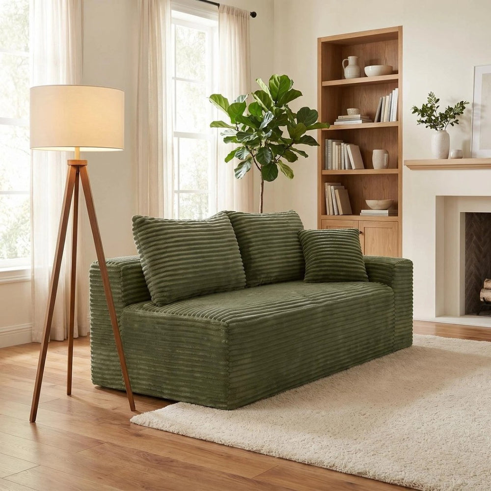 English Elm Green Corduroy Armless Floor Loveseat Low Profile Two Seat Sofa for Modern Studios W5515P479919