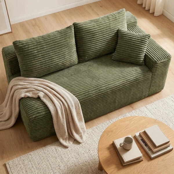 English Elm Green Corduroy Armless Floor Loveseat Low Profile Two Seat Sofa for Modern Studios W5515P479919