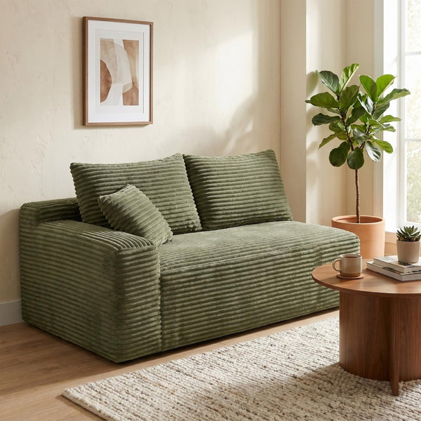 English Elm Green Corduroy Armless Floor Loveseat Low Profile Japanese Style Compact Sofa W5515P479944