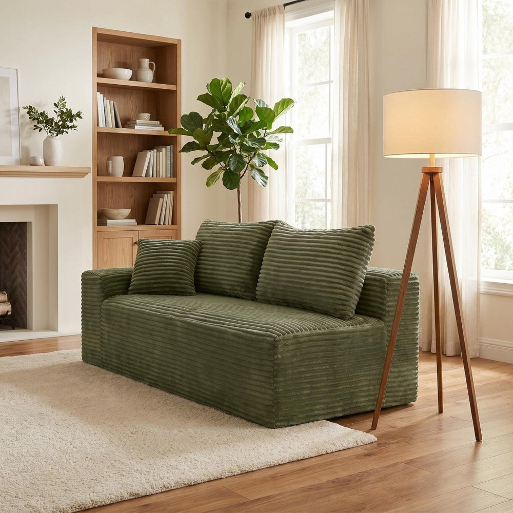 English Elm Green Corduroy Armless Floor Loveseat Low Profile Japanese Style Compact Sofa W5515P479944