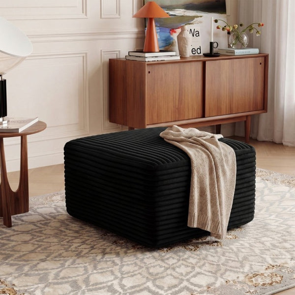 English Elm 27.6 Inch Ribbed Corduroy Square Ottoman Soft Padded Footrest for Living Room or Bedroom Black W5515P495947