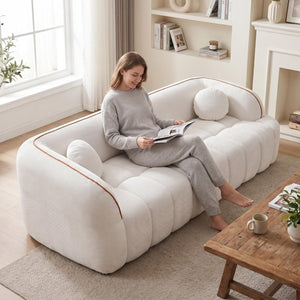 English Elm 98.4" Corduroy Cloud Sofa Bubble Tufted Three Seat Deep Cushion for Living Room White W5515P495965