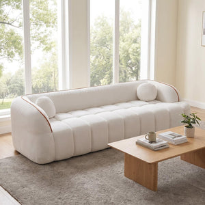 English Elm 98.4" Corduroy Cloud Sofa Bubble Tufted Three Seat Deep Cushion for Living Room White W5515P495965