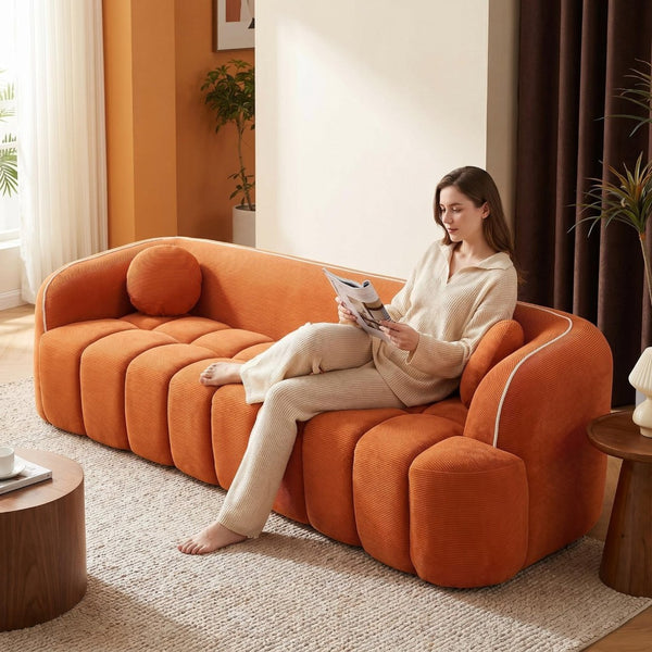 English Elm 98.4" Corduroy Cloud Sofa Bubble Tufted Three Seat Deep Cushion for Living Room Orange W5515P495967