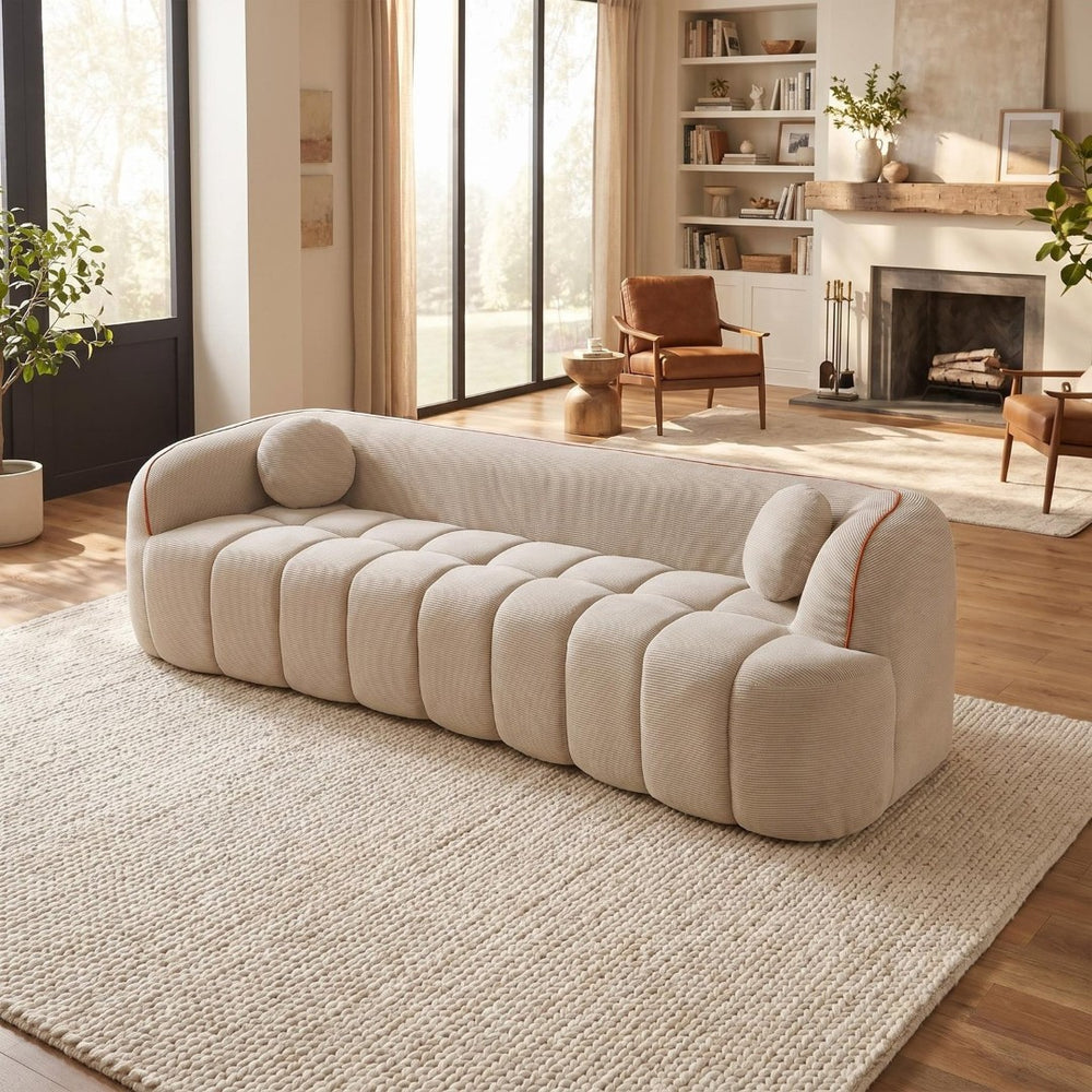 English Elm 98.4" Corduroy Cloud Sofa Bubble Tufted Three Seat Deep Cushion for Living Room Camel W5515P495968