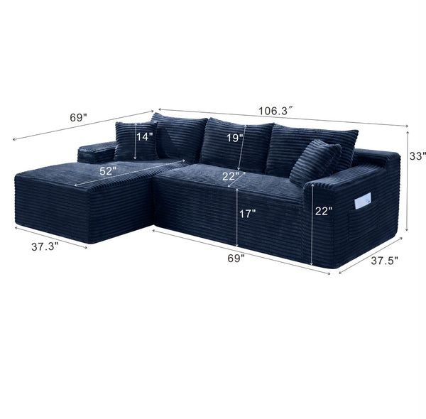 English Elm D-176 Jumbo Corduroy Sectional Chaise Sofa for Modern Minimalist Living Rooms Blue Left Chaise W5515P507047