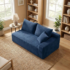 English Elm Blue Corduroy Armless Floor Loveseat Legless 2 Seater Sofa for Studio Apartments W5515P507048