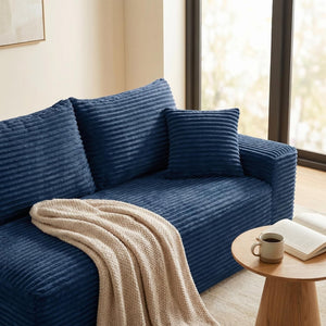 English Elm Blue Corduroy Armless Floor Loveseat Legless 2 Seater Sofa for Studio Apartments W5515P507048