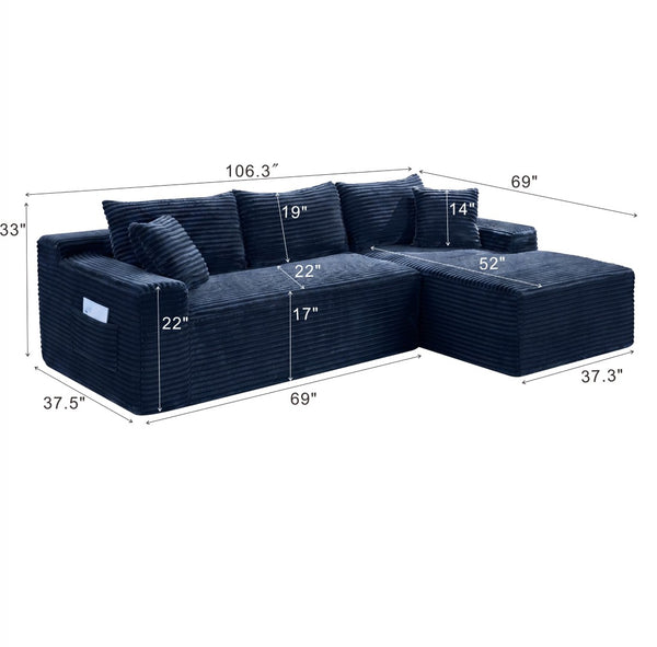 English Elm D-176 Jumbo Corduroy Sectional Chaise Sofa for Modern Minimalist Living Rooms Blue Right Chaise W5515P507050