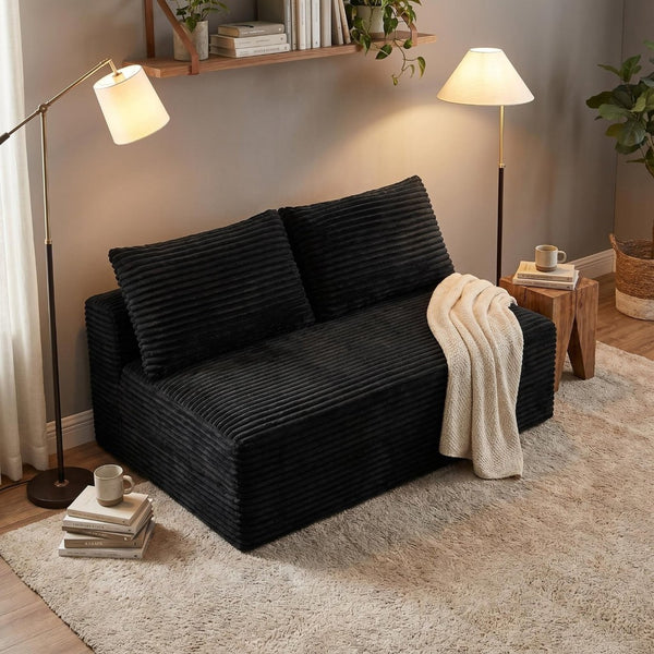 English Elm Black Corduroy Armless Floor Loveseat Legless Two Seat Sofa for Compact Living Spaces W5515P513184