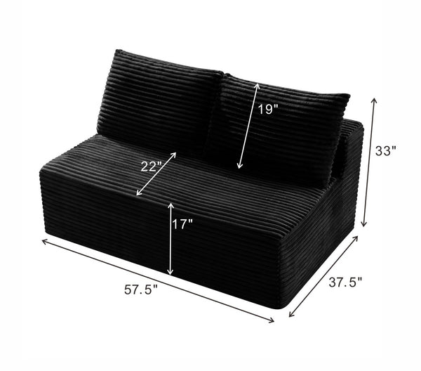 English Elm Black Corduroy Armless Floor Loveseat Legless Two Seat Sofa for Compact Living Spaces W5515P513184