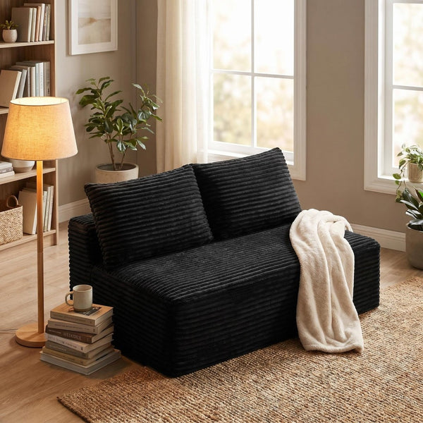 English Elm Black Corduroy Armless Floor Loveseat Legless Two Seat Sofa for Compact Living Spaces W5515P513184
