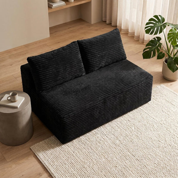 English Elm Black Corduroy Armless Floor Loveseat Legless Two Seat Sofa for Compact Living Spaces W5515P513184