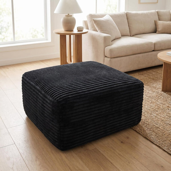 English Elm 37.5" Corduroy Square Ottoman Plush Ribbed Upholstery Footrest Accent for Living Room Black W5515P513231